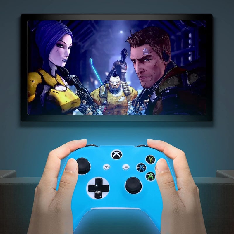 HLRAO Blue Silicone Cover Skin for Xbox One S/X Controller Glow in The Dark Anti-Slip Soft Rubber Case Protector Accessories Set with 8 Glow in The Dark Thumb Grips Caps + 2 Cute Cat Paw Caps. - Image 2